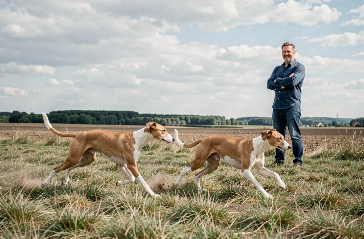 Deux Whippets élancés courant en liberté dans un champ près de Château-Porcien avec leur éleveur