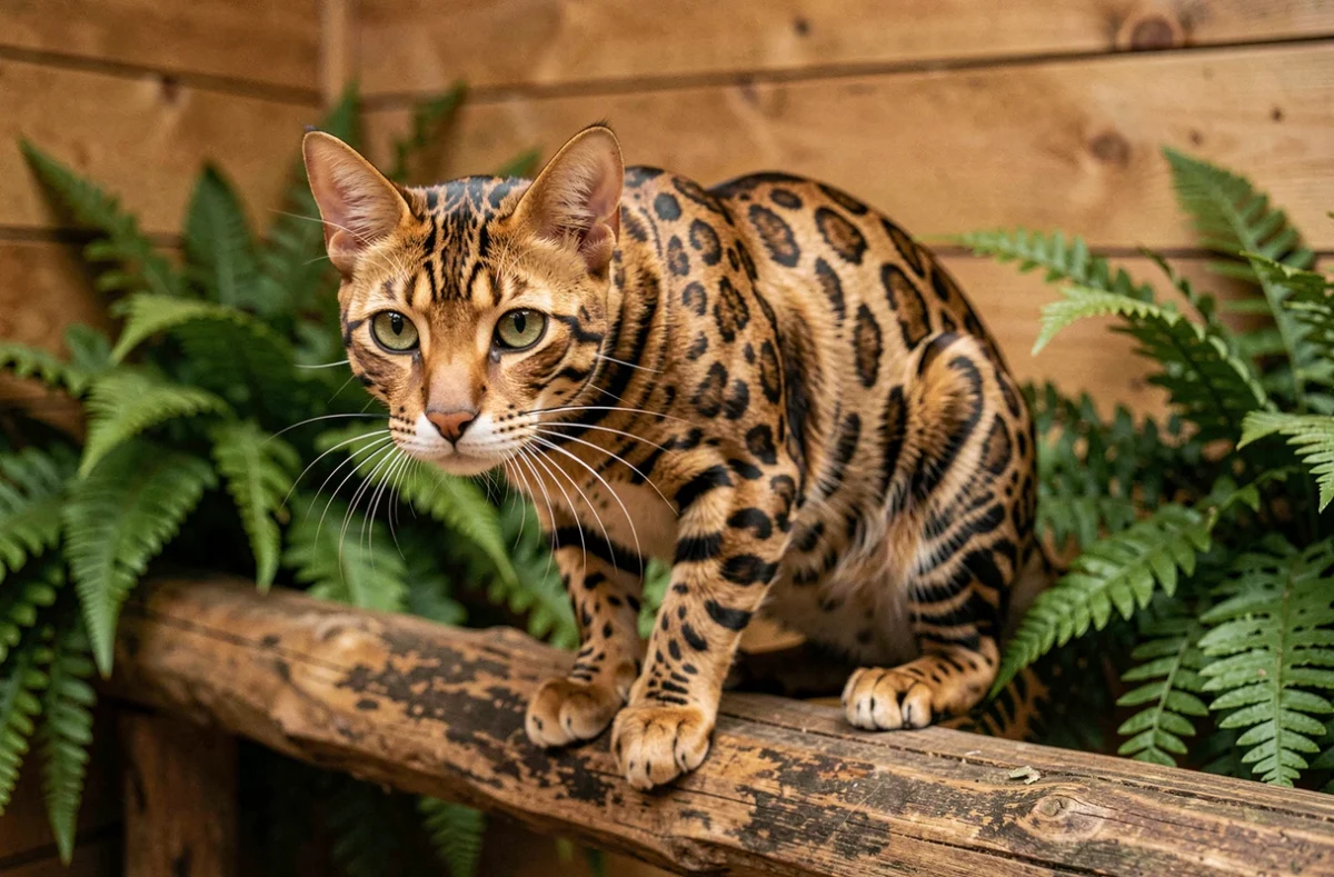 Chat Bengal aux rosettes dorées et noires en position d'éveil sur une branche en bois dans l'élevage Wonderfull Arche à Pré-en-Pail