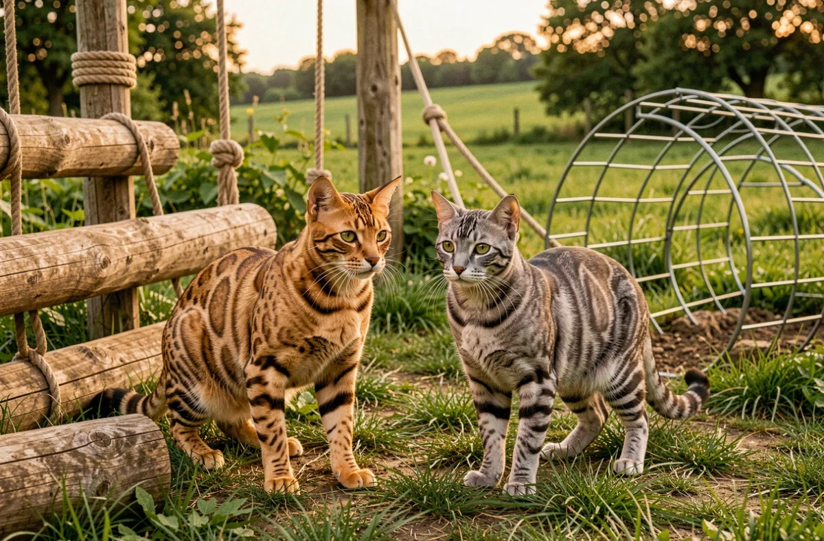 Deux chats Bengal aux pelages rosette et marbré dans un enclos naturalisé extérieur d'un élevage en Mayenne et Sarthe