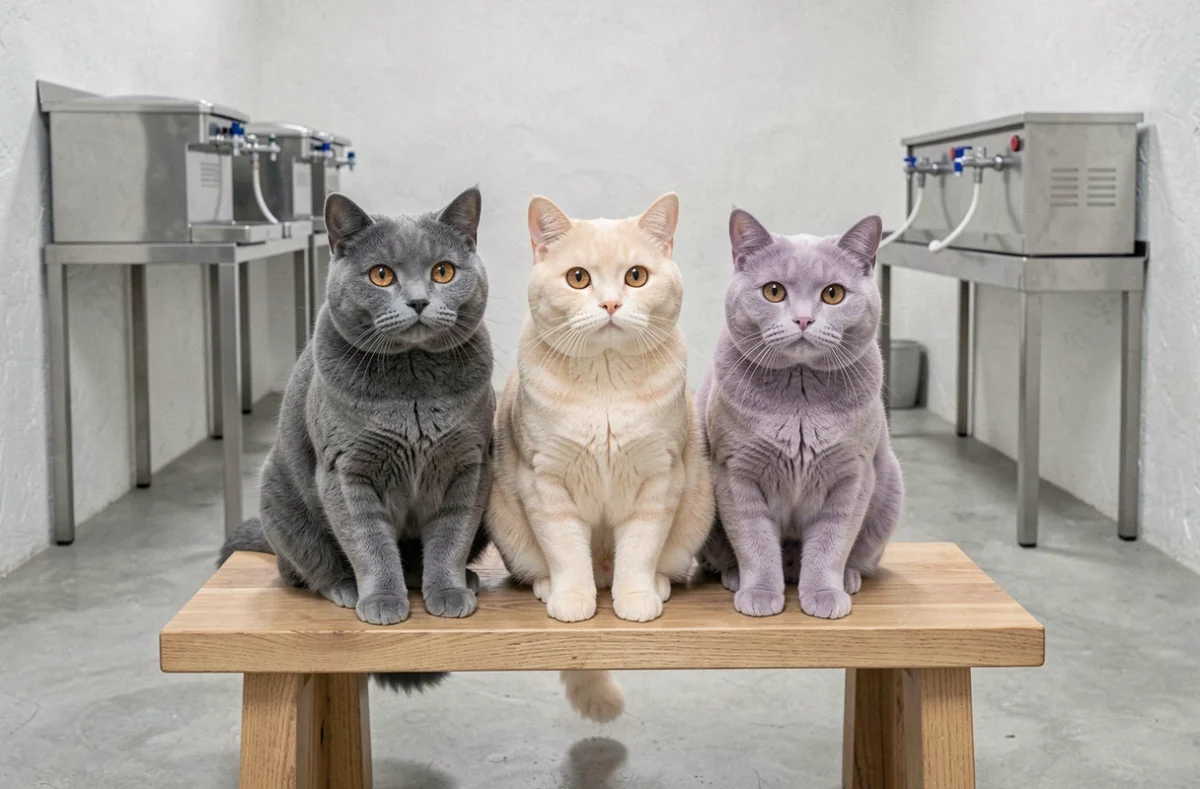 Trois chats British Shorthair bleu, crème et lilas assis sur un banc en bois dans un élevage moderne des Pays de la Loire