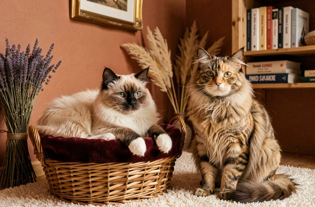 Chat Sacré de Birmanie aux gants blancs et chat à poils mi-longs dans un intérieur de ferme vendéenne, élevages de Vendée et Sarthe