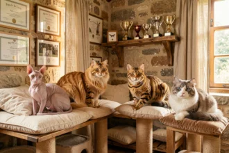 Salle d'élevage chaleureuse des Pays de la Loire avec plusieurs races de chats sur des arbres à chat en bois