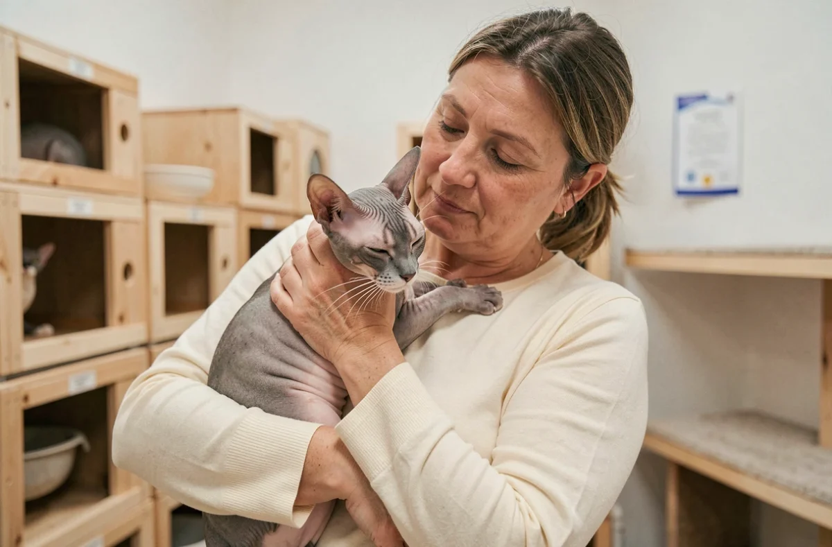 Éleveuse de chat Korat tenant un chaton dans un élevage officiel avec certificats de pedigree visibles