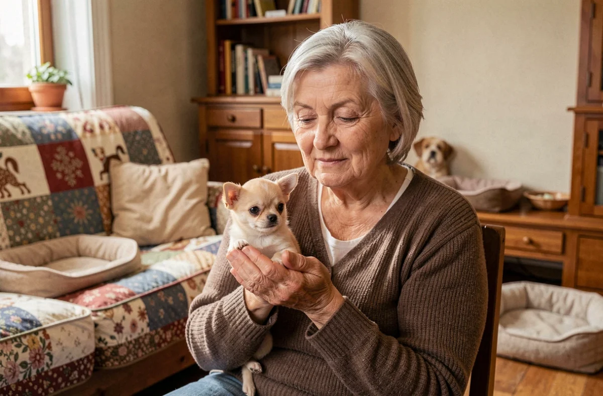 Éleveuse de Chihuahua tenant délicatement un minuscule chiot crème au Châtelet-sur-Meuse
