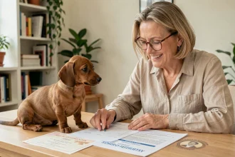 Éleveuse responsable de teckels nains vérifiant un contrat de vente et un certificat de santé avec un chiot assis sur la table