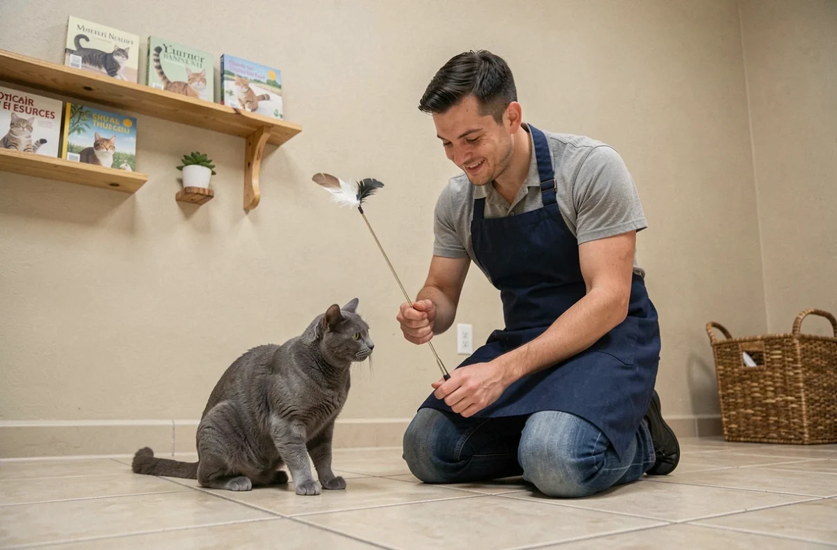 Employé de refuge jouant avec un chat gris dans une salle de socialisation, illustrant la qualité des soins en association
