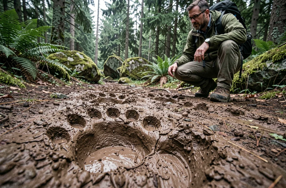 Trace de patte de grizzly dans la boue comparée à une empreinte de chaussure humaine sur un sentier de randonnée