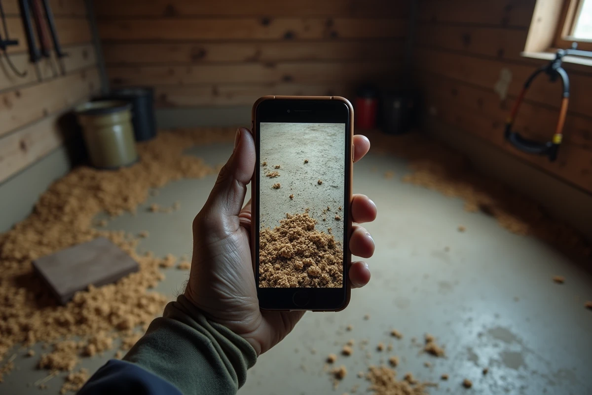 Main gantée tenant un smartphone montrant des déjections d