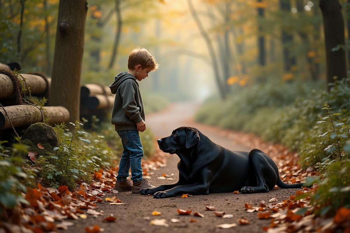 Garçon avec son labrador dans une forêt ensoleillée