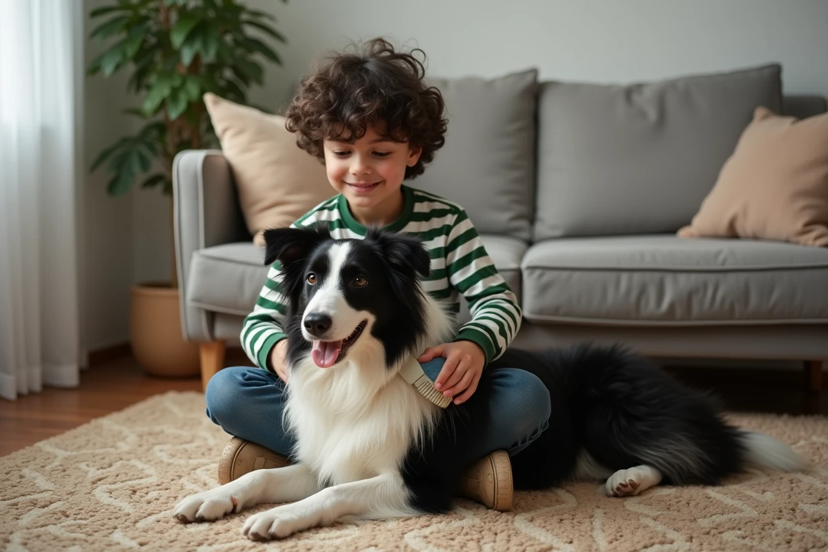 Enfant brossant un border collie couché sur un tapis dans un salon familial