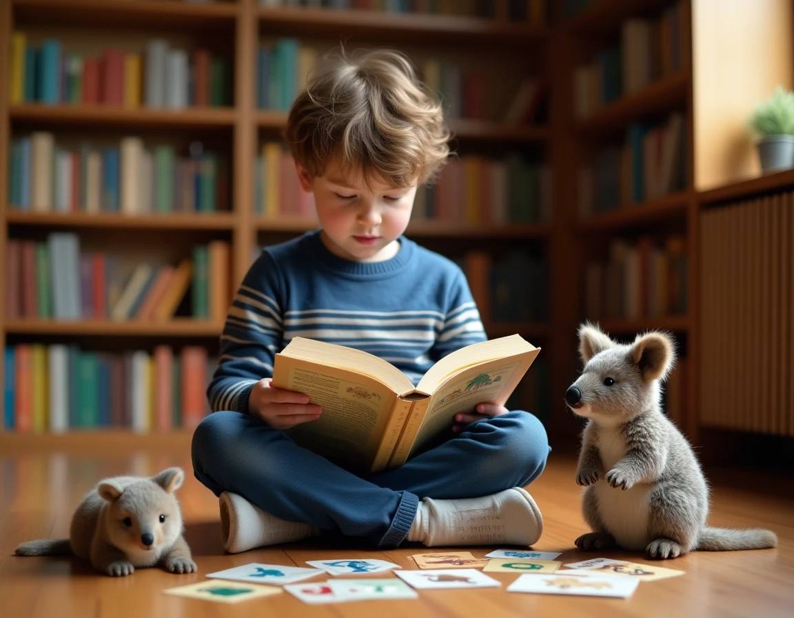 Garçon lisant une encyclopédie illustrée sur les animaux dans une bibliothèque chaleureuse avec des cartes éducatives autour de lui