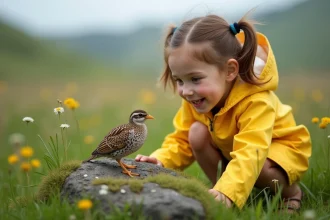 Petite fille en imperméable jaune observant une caille dans un champ verdoyant, illustration pour un article sur les animaux en Q