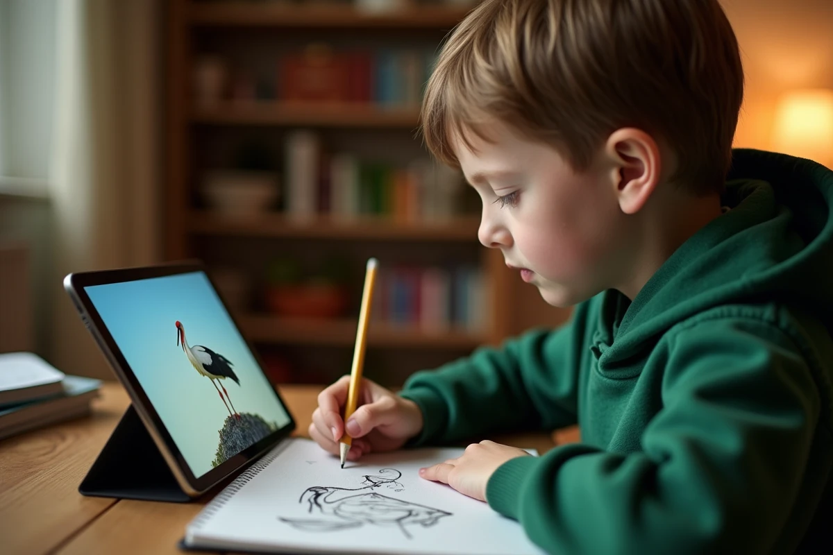 Jeune garçon regardant la cigogne en direct sur une tablette et prenant des notes