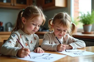 Jeunes enfants coloriant des oiseaux dans la cuisine chaleureuse