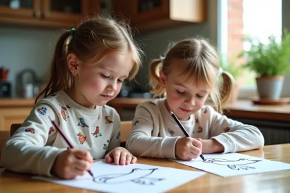 Jeunes enfants coloriant des oiseaux dans la cuisine chaleureuse