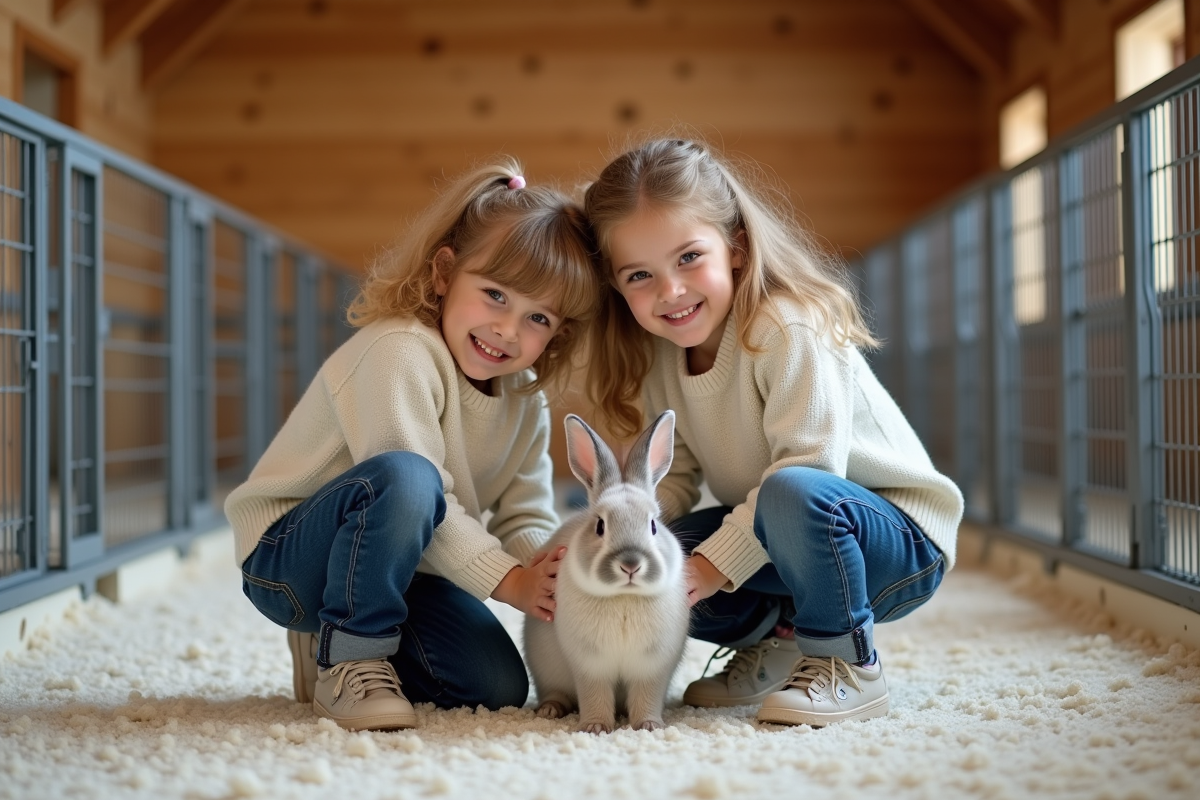 Enfants caressant un lapin dans un refuge propre