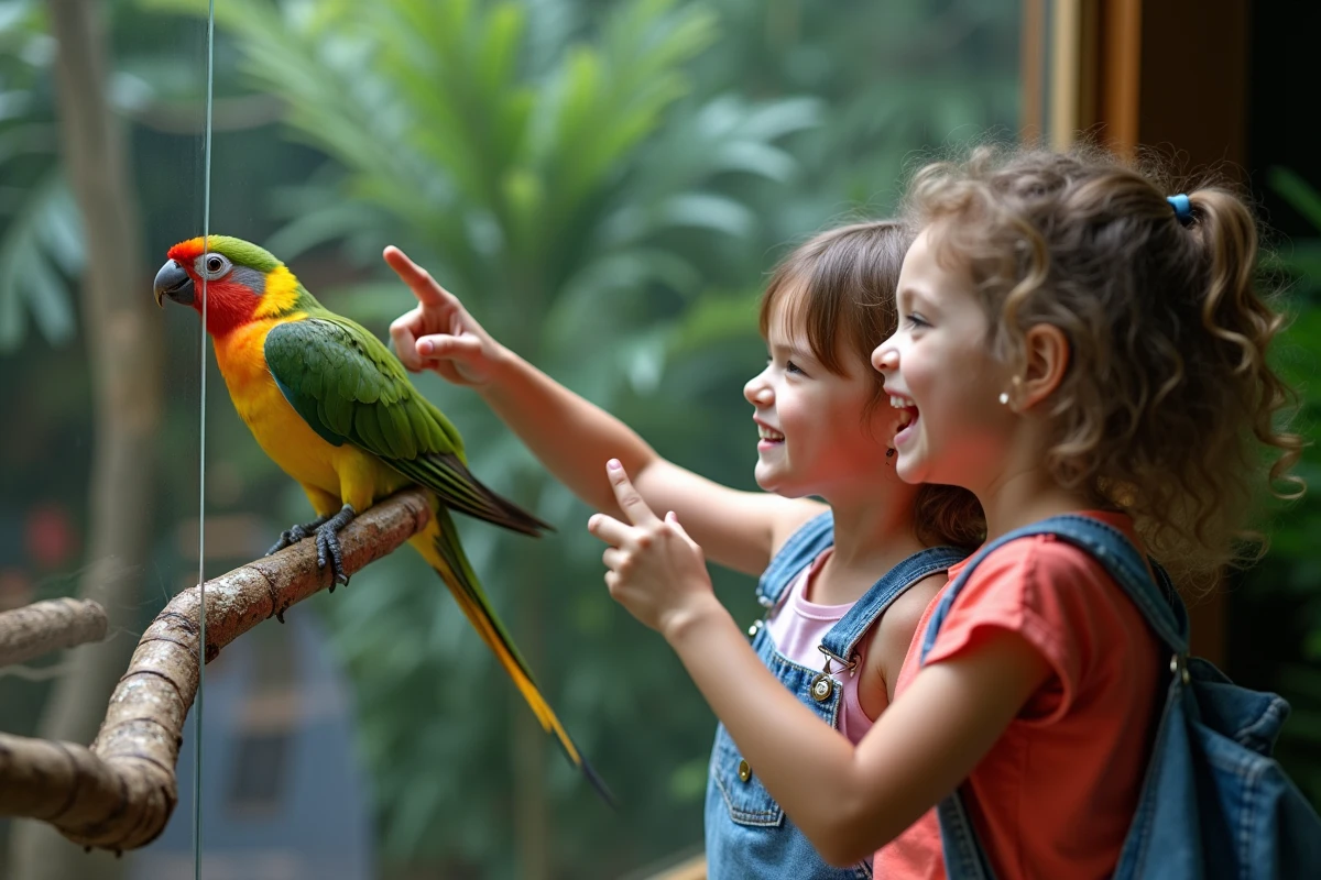 Deux enfants émerveillés devant un quetzal coloré dans un enclos de zoo, illustrant la découverte des animaux commençant par la lettre Q