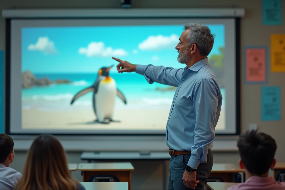 Enseignant montrant un test visuel manchot plage sur la plateforme Pix à ses élèves dans une salle de classe moderne
