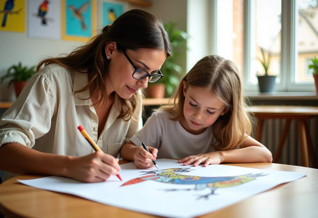Professeure aidant un élève à colorier un oiseau en classe lumineuse
