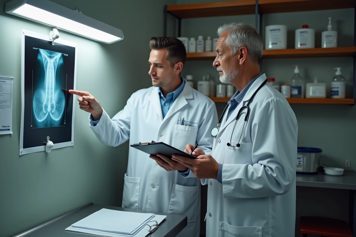 Deux vétérinaires en cabinet rural analysant une radiographie, formation GMVET 1 et pratique clinique mixte en équipe