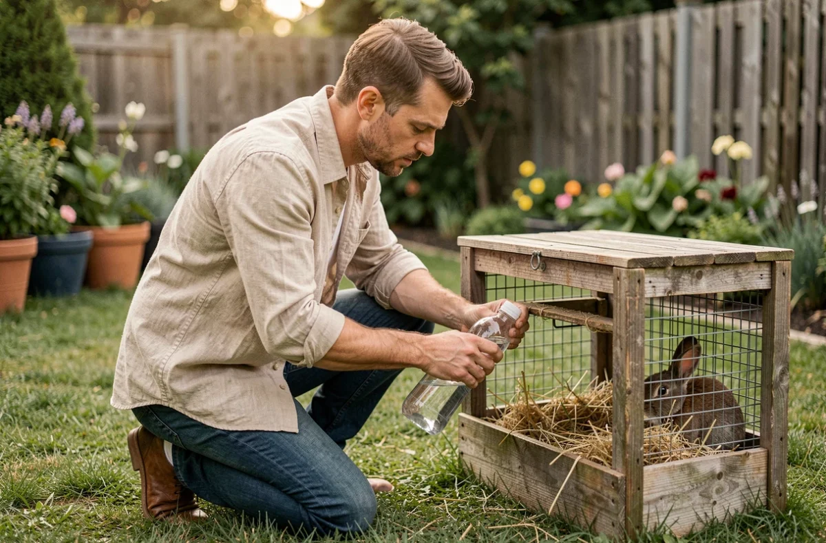 Père vérifiant l'enclos et l'alimentation en eau d'un lapin dans un jardin, illustrant les bonnes pratiques d'entretien