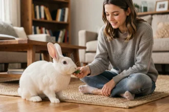 Jeune mère assise sur le sol avec un lapin blanc, lui donnant correctement à manger à la main dans un salon chaleureux