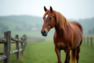 Cheval adulte de race chestnut dans un pré verdoyant, illustrant l'espérance de vie d'un cheval en vieillissant