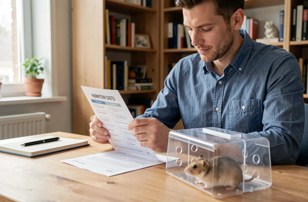 Homme consultant une liste de coûts d'adoption pour un hamster russe à son bureau avec une caisse de transport