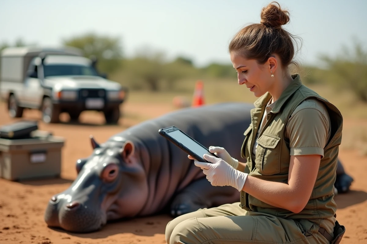 Biologiste de terrain mesurant le poids d'un hippopotame sédaté lors d'une étude scientifique en savane africaine