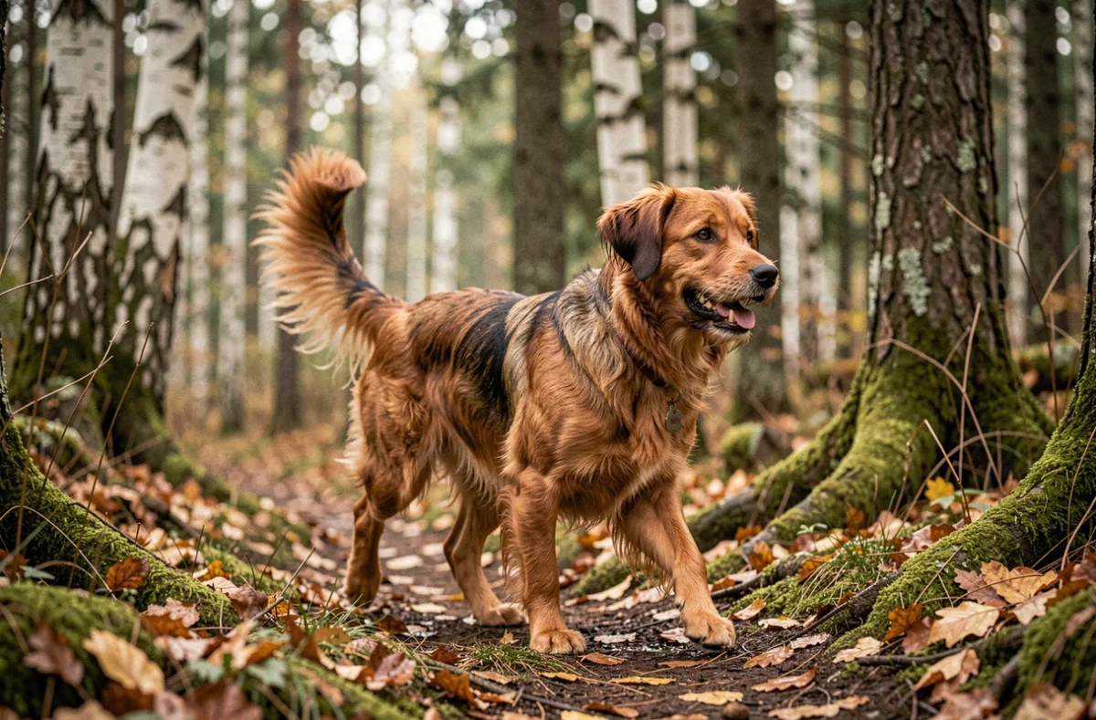 Eurasier en balade dans une forêt automnale, pelage roux et noir, posture dynamique et naturelle