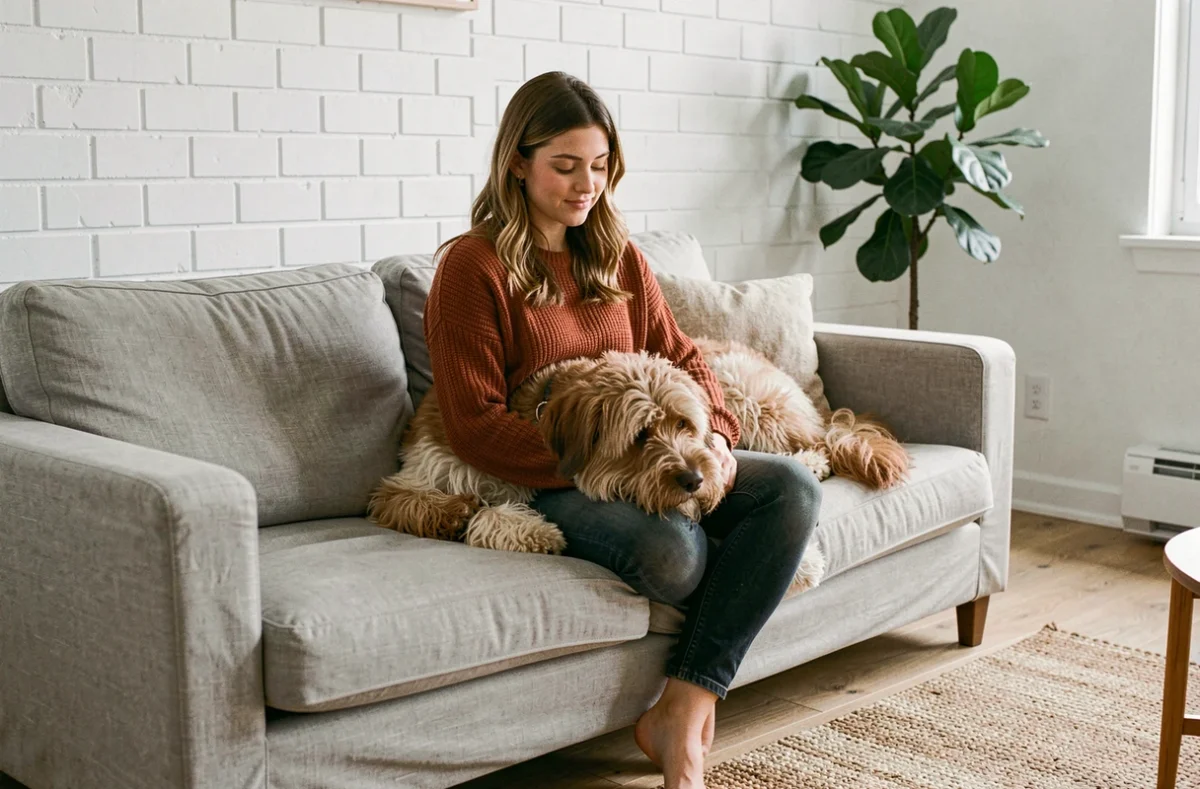 Femme et chien Eurasier détendus sur un canapé dans un intérieur scandinave chaleureux