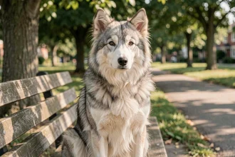 Eurasier au pelage gris loup assis sur un banc de parc, regard doux et attentif, portrait réaliste en extérieur