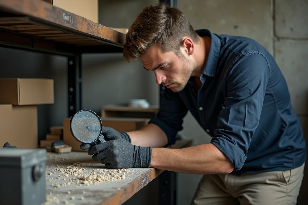 Jeune homme examinant des particules dans un garage