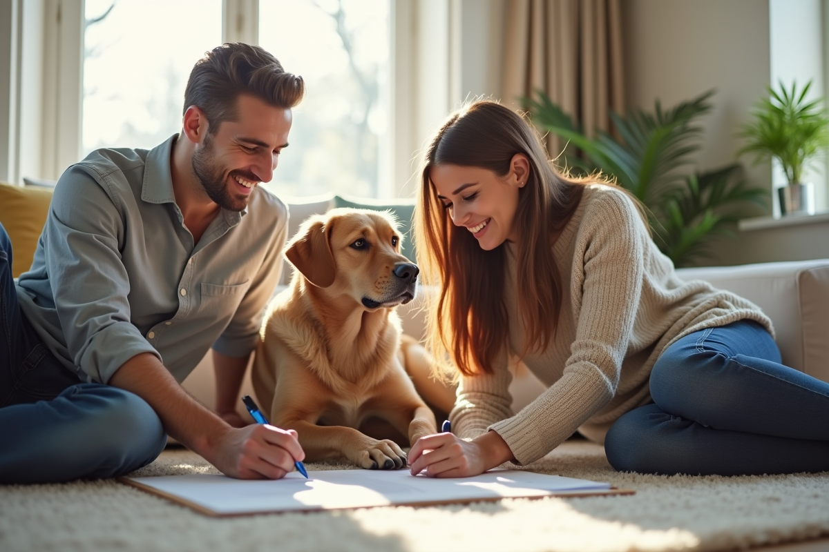 Famille heureuse signant un contrat d'assurance chien à la maison
