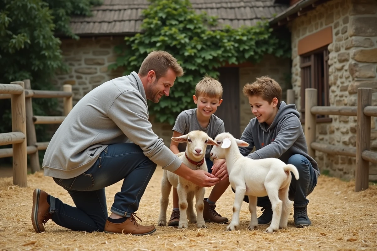Famille avec enfants nourrissant des chèvres dans un espace pédagogique d'un parc animalier en Alsace