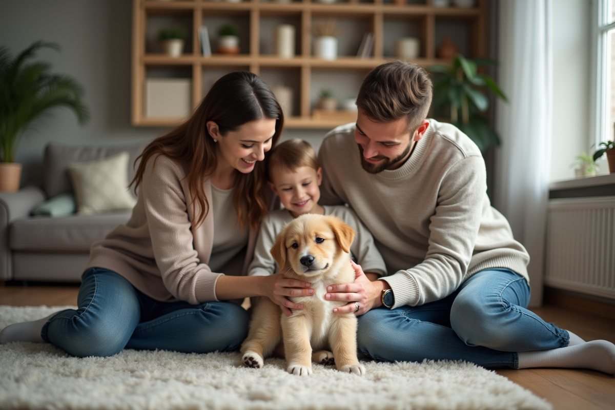 Famille heureuse caressant un chiot dans le salon