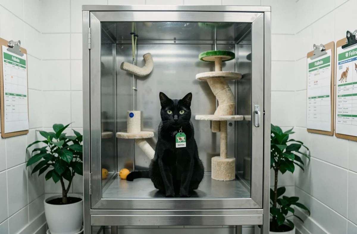 Un chat noir attentif dans un enclos vitré professionnel et équipé de la pension Félinéa, avec des plantes vertes en arrière-plan
