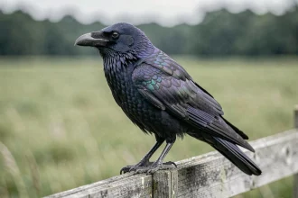 Femelle corbeau commun perchée sur un poteau en bois dans la campagne, plumage noir iridescent détaillé