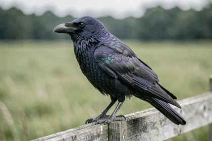 Femelle corbeau commun perchée sur un poteau en bois dans la campagne, plumage noir iridescent détaillé