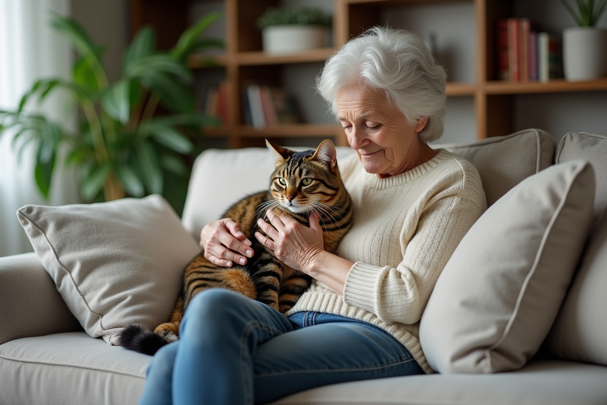 Femme agee tenant un chat tachete sur ses genoux dans un salon chaleureux