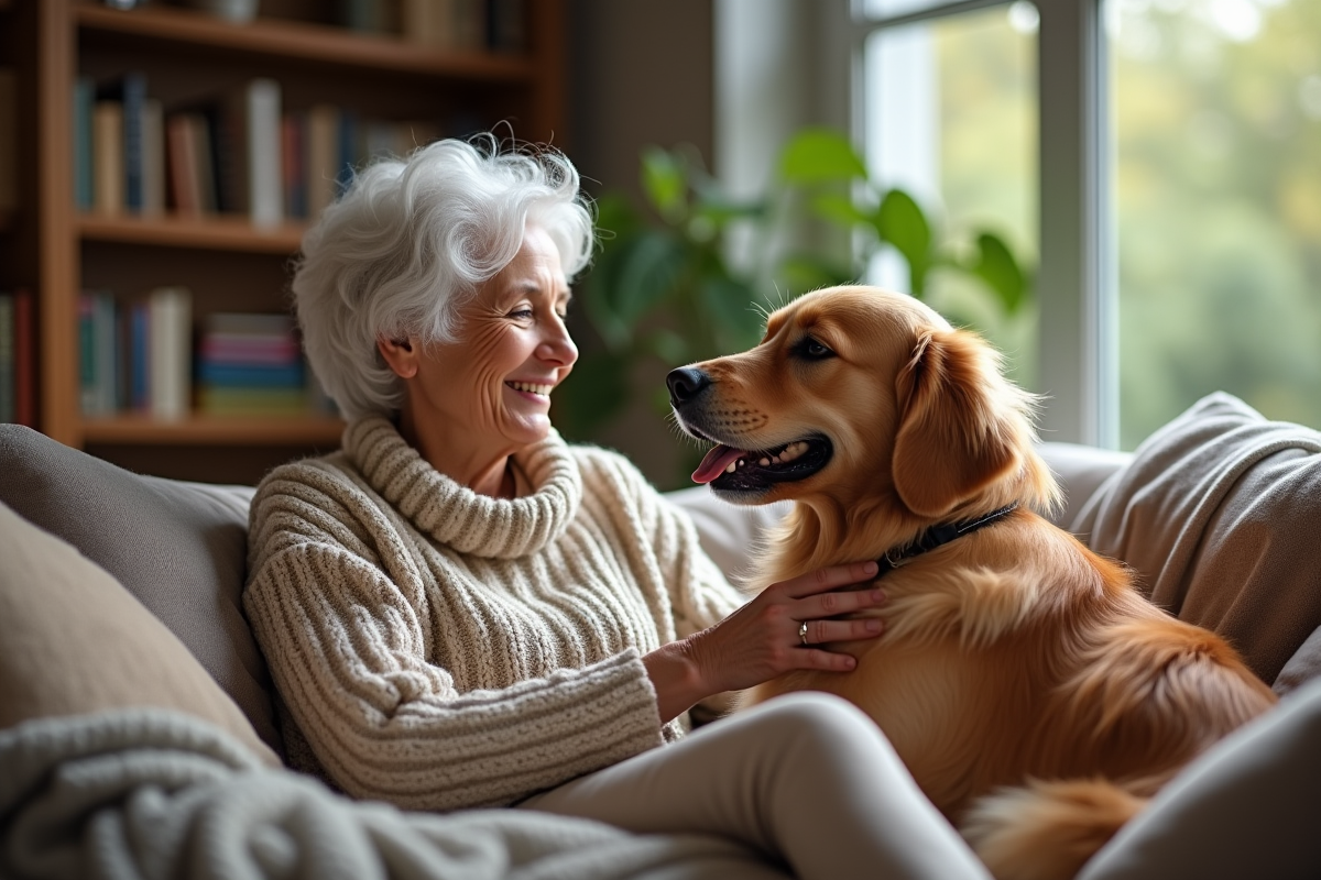 Femme agee souriante caressant un chien golden retriever