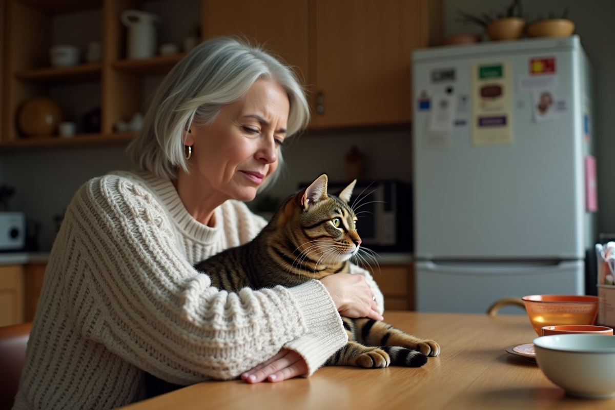 Femme assise avec un chat tigré dans une cuisine chaleureuse