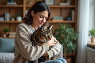 Femme calme avec un chat tabby dans un salon chaleureux