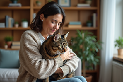 Femme calme avec un chat tabby dans un salon chaleureux