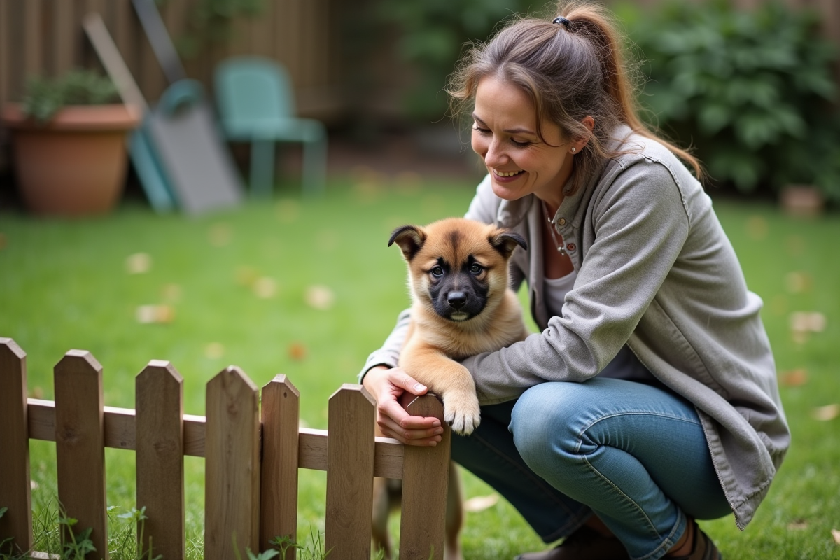 Femme tenant un chiot dans un jardin en plein air