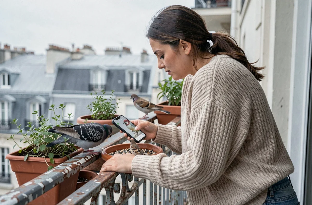 Jeune femme sur un balcon urbain identifiant des oiseaux avec une application sur smartphone