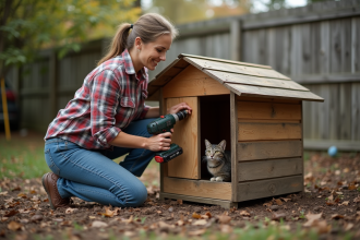 Femme construisant un abri pour chat en bois dans le jardin
