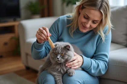 Femme douce brossant un chat angora gris dans un salon