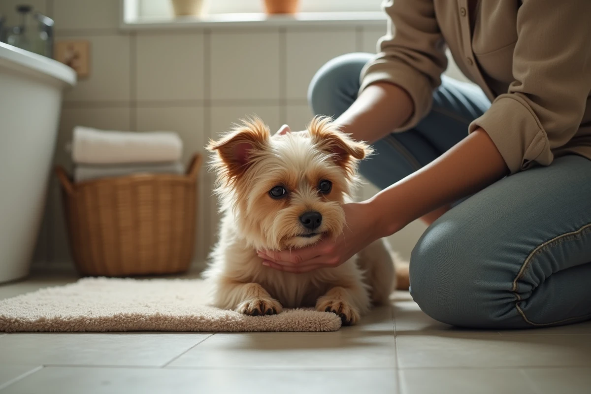 Femme caressant un petit chien terrier dans la salle de bain