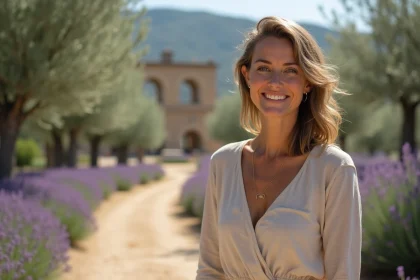 Femme souriante en campagne avec lavande et oliviers
